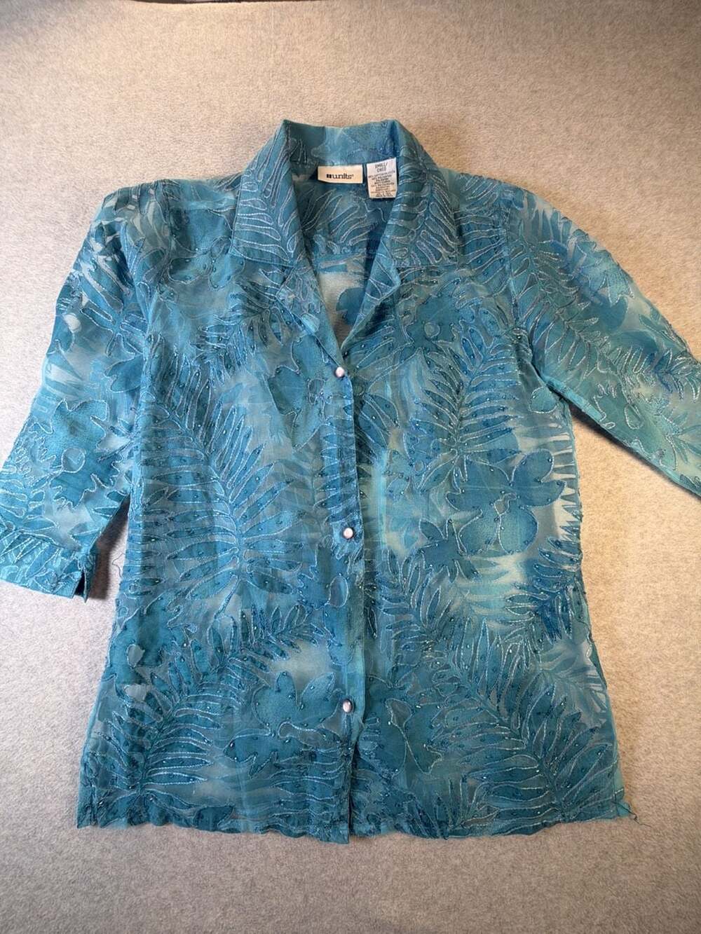 Units Sheer Blue Tropical Fern Embroidered Button Front Blouse